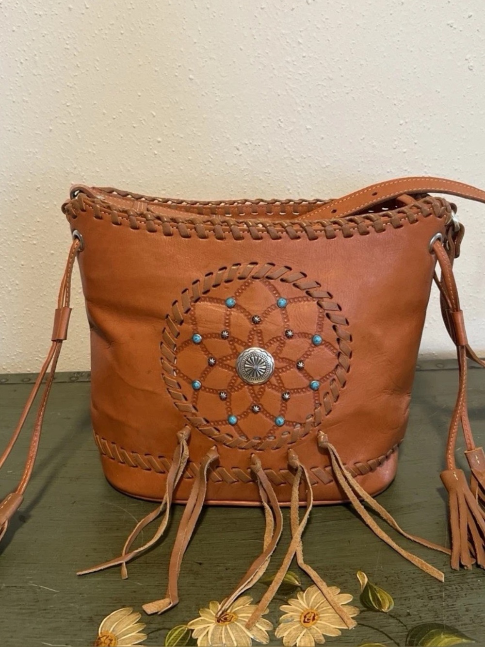 Handcrafted Brown Leather Dreamcatcher Fridge Shoulder Bag with Turquoise Accent